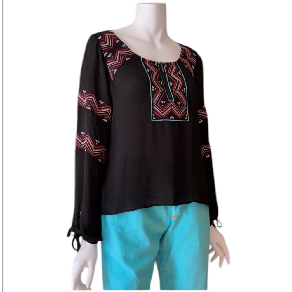 Sequin Hearts Embroidered Black Long Sleeve Blouse S